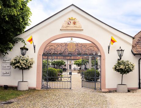 Blick auf das Tor des Hotel Schloss rReinach mit Blick in den Innenhof