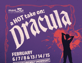 a HOT take on: Dracula; Veranstaltungstermine gelistet; Sensory Friendly Viewing der Achte Februar; Vor Lila Hintergrund eine modelnde Person